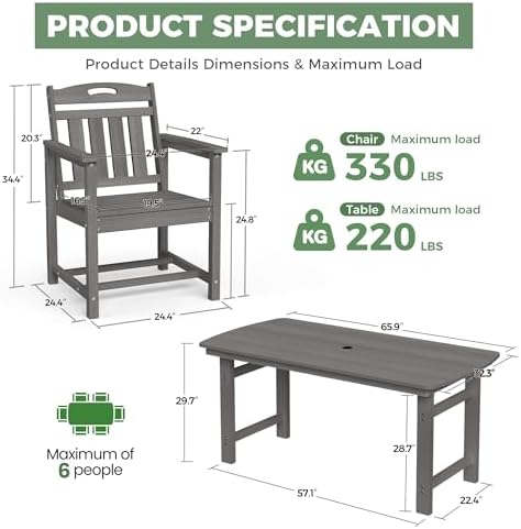 HDPE Outdoor Dining Set, Patio Table and 6 Chairs, 2" Umbrella Hole, Grey - Image 2