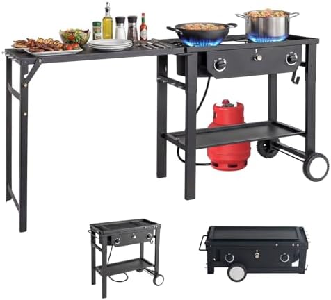 Bonnlo 2 Burner Propane Gas Stove with Work Station & Auto Ignition, 150,000 BTU Portable Camping Stove with Wheels & Regulator, Outdoor Propane Stove for Backyard Patio Cooking BBQ by Bonnlo
