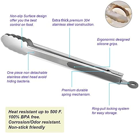 Premium 304 Stainless Steel Tongs Set – 12" Grill Tongs & 9" Cooking Tongs, Heat Resistant up to 600°F, Wavy Grip Head, Non‑Slip Handle with Locking Clip & Hanging Loop, Dishwasher Safe, Grey - Image 5