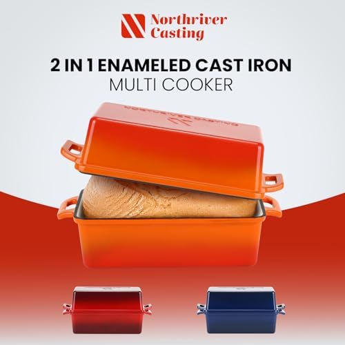 Northriver Casting Enameled Cast Iron Loaf Pan with Lid, Best Bread Oven, Bread Loaf Pans for Baking Homemade Sourdough Bread 9x5, 2 Piece set, Flame - Image 5