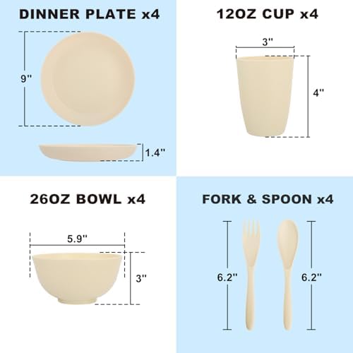 Kitchen Wheat Straw Dinnerware Sets for 4, Unbreakable Kids Dish Set 20 PCS - Dinner Plate/Cereal Bowl/Cup/Fork/Spoon, for Outdoor Camping, RV, Apartment Essentials - Beige - Image 2
