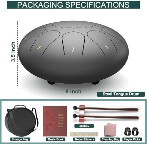 Rain Drum for Outside Garden, 8 Inches 11 Notes Steel Tongue Chakra Drum, Waterproof Meditation Rain Chime, Musical Instruments for Adult Gift with Bag, Music Book, Mallets (Black) - Image 2