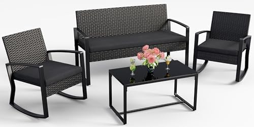 Ahomly 4 Piece Outdoor Patio Furniture Set with Rocking Chairs, Black by Ahomly