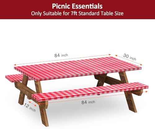 7ft 84in Picnic Table and Bench Cover, 3 Pack, Red-White Checkered - Image 2