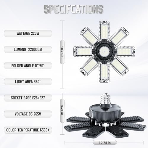 Garage Lights 4 Pack 220W, 22000LM LED Garage Lights with 8+1 Deformable Panels 6500K Screw in LED Shop Lighting for Workshop, Basement Support E26/E27 - Image 4