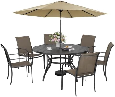 Incbruce 8 PCS Patio Dining Set with Brown Umbrella, Outdoor Dining Set of 6 Textilene Chairs and 53" Round Table with Umbrella Hole for Backyard, Garden, and Poolside (Brown) by Incbruce