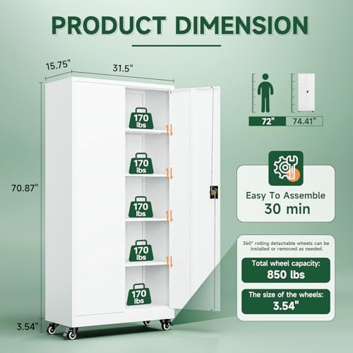 Letaya Metal Garage Storage Cabinets with Lock Door and Adjustable Shelves, Steel Tool Cabinets for Home,Office,Warehouse Organisieren (White, 74.41" H) - Image 3