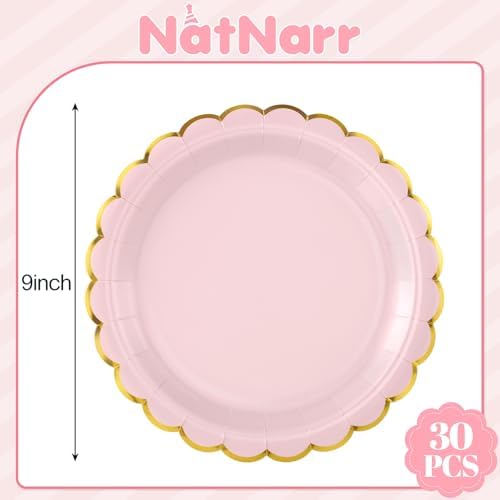 NatNarr 30 Pk Pink Gold Plates 9" Disposable Scalloped Pink Paper Plates - Image 2
