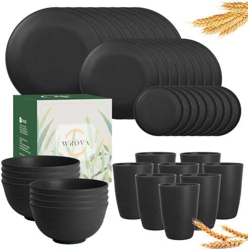 Wrova Wheat straw dinnerware sets of 40-10 inches plates,9 inches plates,6inches snack plate,26oz bowls,12oz cups - Unbreakable plates and bowls sets microwave safe and dishwasher safe. Black by WROVA