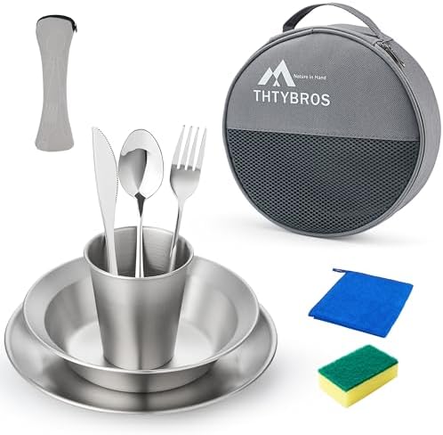 Stainless Steel Camping Mess Kit for 1-4 People,All-in-One Camping Cookware & Tableware Set with Plates,Bowls, Cups,Cutlery & Carry Bag,Outdoor Cooking Utensils for Camping,Backpacking,Hiking, Picnic by THTYBROS