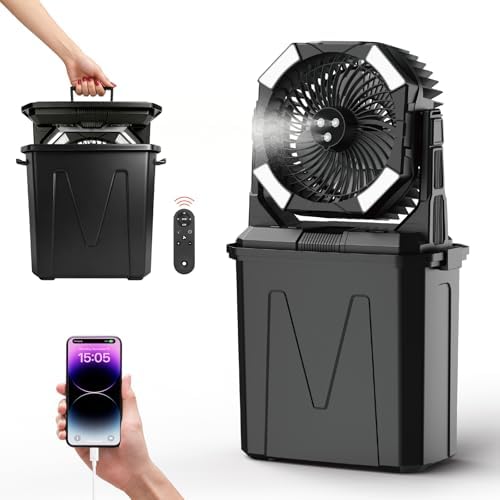 20000mAh Portable Misting Fan with 10L Large Water Bucket, 3-Speed Outdoor Floor Fan with Mist, USB Rechargeable Battery Powered Misting System for Patios, Camping, Beach, Golf and Picnic by Unknown