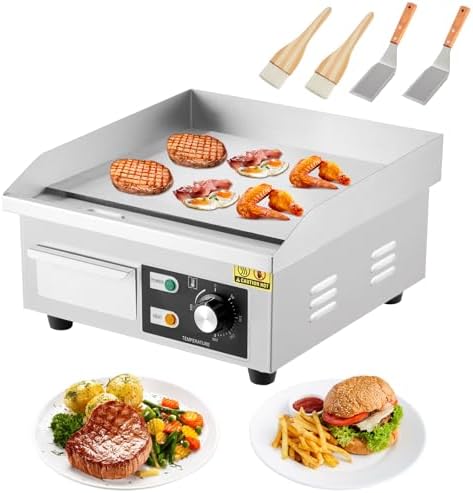 Commercial Electric Griddle 14 Inch – 1500W Stainless Steel, Non-Stick Flat Top Teppanyaki Grill, Adjustable Temp 50°C-300°C (122°F-572°F), Includes 2 Shovels & 2 Brushes, Countertop by Unknown