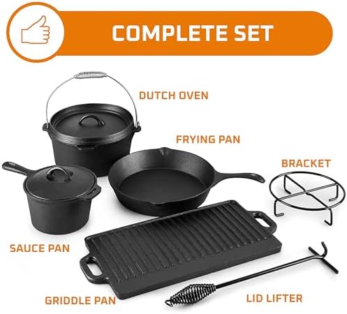 Bruntmor Camping Cooking Set Of 7. Pre Seasoned Cast Iron Pots And Pans Dutch Oven With Lids For Outdoor Comefire. Grill Cookware Skillet Sets With Storage Box - Image 3