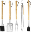 5 pcs Heavy-Duty Wooden BBQ Grilling Tools Set, Extra Thick Stainless Steel Multi-Functional Spatula, Fork, Tong, Oiling Brush & Cleaning Brush - an Excellent Barbecue Gift for Men by VEDXTO