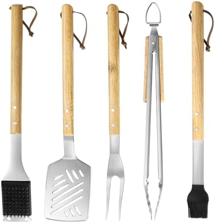 5 pcs Heavy-Duty Wooden BBQ Grilling Tools Set, Extra Thick Stainless Steel Multi-Functional Spatula, Fork, Tong, Oiling Brush & Cleaning Brush - an Excellent Barbecue Gift for Men by VEDXTO