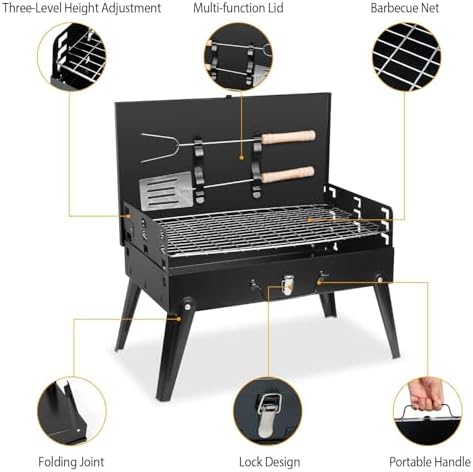 KOCASO Portable Charcoal Grill, Foldable BBQ Suitcase Grill Shelf for Outdoor Camping Picnics Garden Grilling – 16.7x10x17.7 in - Image 6