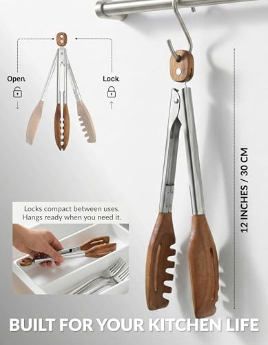 3-in-1 Kitchen Tongs & Pasta Server – 12 Inch Walnut Multifunction Tongs with Slotted Forked & Flat Tips for Pasta, Salad, Cooking and More – Elegant, Heat-Resistant Food Tongs for Home Cooks & Chefs - Image 6