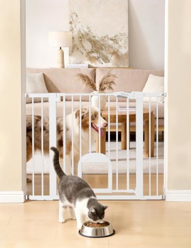 Babelio Dog Gate with Adjustable Cat Door, CatPrivilege III, 29-43", White by BABELIO