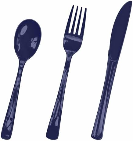 HEIPINIUYE 75 Pack Navy Blue Plastic Cutlery Heavy Duty Blue Plastic Knives Forks and Spoons Disposable Silverware Set for 25 Guest Camping Birthday Baby Shower Party Cutlery Set by HEIPINIUYE