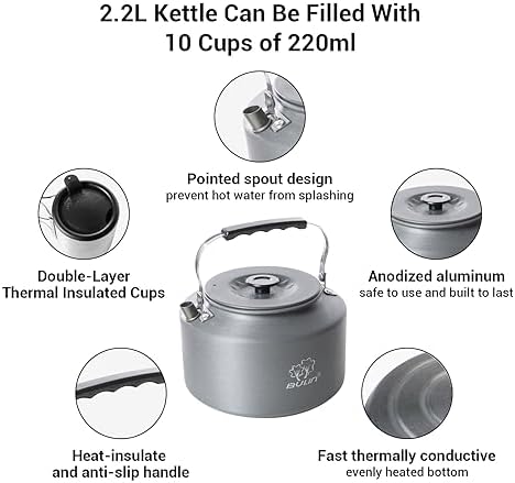 Bulin Camping Kettle, 2.2L Large Portable Camp Tea Coffee Pot With 2 Cups - Image 3