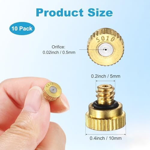 M METERXITY 10-Pack Brass Misting Nozzles, 0.02inch/0.5mm Orifice Heavy Duty 10/24 UNC Screw Thread Misting Nozzle Plug for Outdoor Spray Cooling System/Patio Mist System/Dust Control - Image 3
