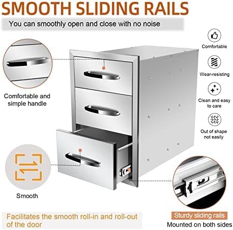 Outdoor Kitchen Drawers Stainless Steel 3-Drawer BBQ Drawer Enclosed Built-in Drawer Flush Mount For Outdoor Kitchens & BBQ Islands,14Wx21Dx21H - Image 5