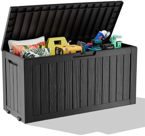 ROJIK Deck Box Storage Bench with Wheels Outdoor, 140 Gallon, Black by ROJIK