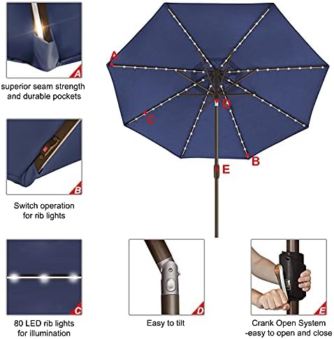 EliteShade USA 10-Year-Non-Fading 9ft Market Patio Umbrella, Commercial Grade Table Sun Umbrella with 80 Solar LED Lights, Crank Open, Windproof & UPF 50+ UV Protection for Garden, Deck, Pool, Backyard, Navy Blue - Image 5
