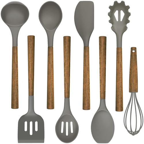 Umite Chef Silicone Cooking Utensil Set, 8-Piece Kitchen Utensils Set with Natural Acacia Wooden Handles,Food-Grade-Silicone Kitchen Gadgets and Spatula Set for Nonstick Cookware - Grey by UmiteChef