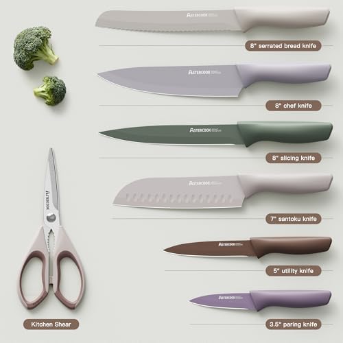 Astercook Knife Set, 13 Pieces Kitchen Knives Set with Healthy Anti-Rust Coating, Dishwasher Safe, Stainless Steel Chef Knife Sets with 6 Blade Guards, Perfect Holiday Gifts for Kitchen Morandi - Image 6