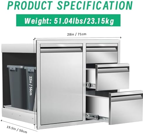 Outdoor Kitchen Door Drawer Combo Cabinet, 28"x22"x19.5" Left Trash Drawer Combo Cabinet & Built-in Triple Drawers for Patio Grill Station, Outdoor Kitchen Island (Drawer and Left Trash Drawer Combo) - Image 2