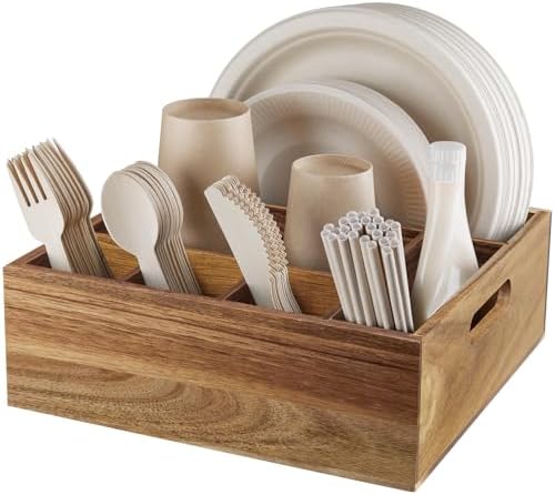 ALELION Acacia Wood Utensil Holder for Party - Paper Plate Organizer for Countertop - Silverware Caddy with 6 Compartments for Plate, Cup, Fork, Spoon - Cutlery Holder for Kitchen Camping Buffet by ALELION
