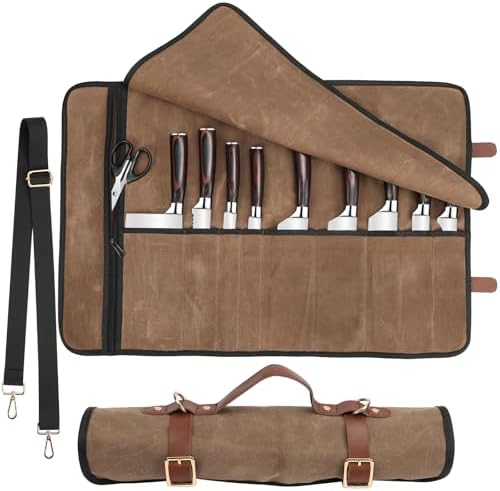 Knife Roll with Leather Straps and Metal Buckles, Double Layer Waxed Canvas Knife Bag, Large Chef Knife Bag with Handle and Shoulder Strap by WelcometoJOINDO