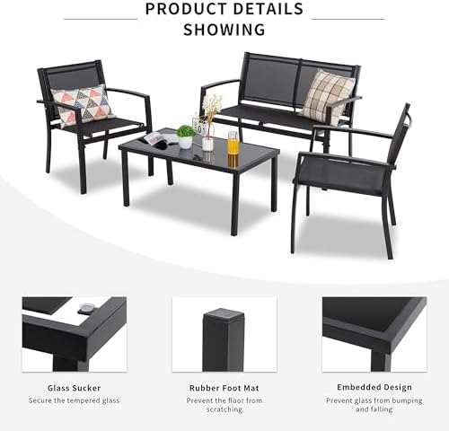 Shintenchi 4 Pieces Patio Furniture Set All Weather Textile Fabric Outdoor Conversation Set, with Glass Coffee Table, Loveseat, 2 Single Chairs for Home, Garden, Lawn, Porch（Black） - Image 4