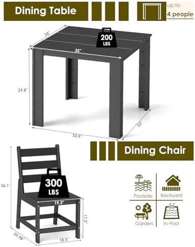 GREENVINES 5PCS Patio Dining Set, HDPE Square Table & 4 Side Chairs, Black - Image 2