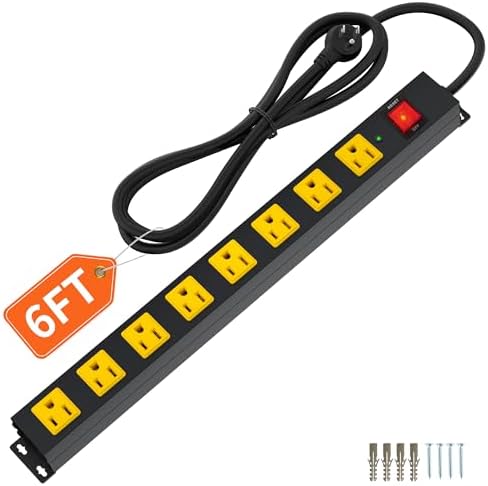 8 Outlet Long Power Strip, 2100J Surge Protector Heavy Duty 6FT Cord Wide Spaced and Wall Mount Metal Powerstrip for Home Office Garage Workshop by Plugn
