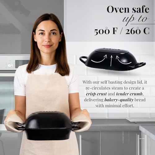 nuovva Dutch Oven For Sourdough Bread Baking – Enamelled Cast Iron Bread Loaf Pot – Oven Safe Non Stick Bread Pot – Rectangular, Black, 24cm x 16cm - Image 3