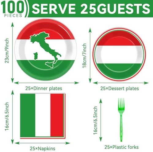 100 Pcs Italian Flag Plates and Napkins Party Supplies Italy Flag Disposable Paper Tableware Set Italian Red White and Green Party Decors Favors for Family Gathering Kitchen Dining Serves 25 Guests - Image 2