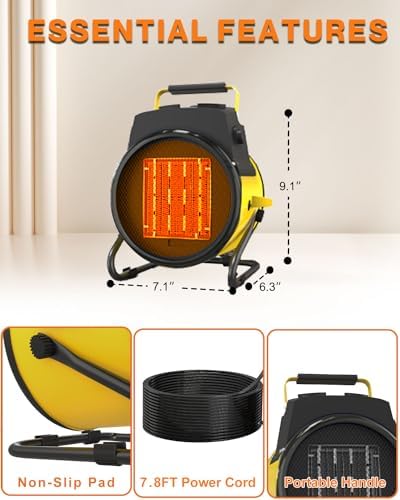 Buyplus Outdoor Heaters for Patio, 1500W Portable Garage Heater with Overheat Protection & 3S Fast Heating, Non-Slip Cushion, Electric Space Heater for Patio, Garage, Bedroom, Office, Yellow - Image 6