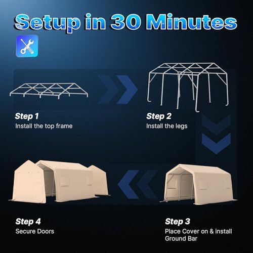 ADVANCE OUTDOOR 10X15 ft Garage Shelter Steel Metal Peak Roof Portable Storage Shed Carports for Motorcycle Boat, or Garden Tools with 2 Roll up Doors & Vents, Beige - Image 2