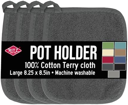 RITZ Terry Potholder & Hot Pad: Unparalleled Heat Resistant, Durable 100% Cotton – Ergonomically Designed for Optimal Grip – Easy-Care Machine Washable – 4-Pack, Graphite by RITZ