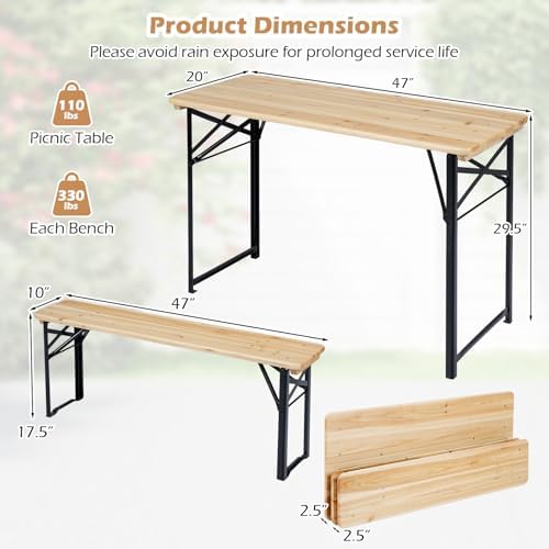 Tangkula 3 Piece Folding Picnic Table with 2 Benches, Foldable Wood Picnic Table Bench Set with Heavy-Duty Metal Frame for 4, Space-Saving Outside Table and Bench Set for Backyard, Patio, Garden - Image 6
