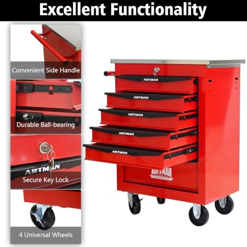 6-Drawer Heavy-Duty Rolling Tool Chest with Wheels & Steel Roof, Lockable Tool Chest Storage Cabinet for Garage, Workshop, Warehouse, and Repair Shop - Image 5