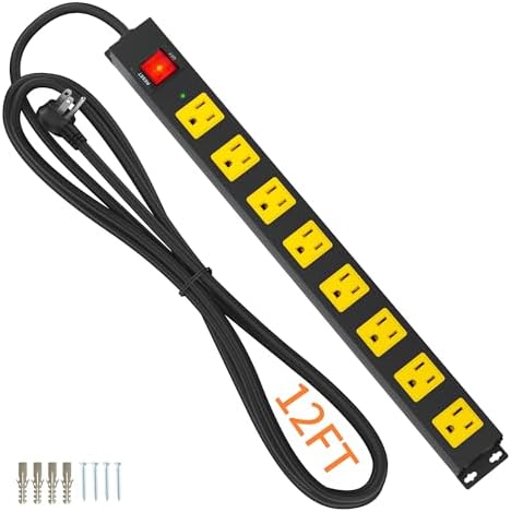 8 Outlet Power Strip 2100J Surge Protector, 12FT Heavy Duty Extension Cord Wide Spaced Outlet and Wall Mount Metal Powerstrip for Home Office Garage Workshop by Plugn