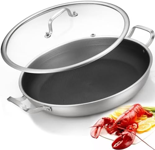 Yeksum Tri-Ply Stainless Steel Paella Pan Large Saute Pan with Lid (Stainless Steel, Hybrid 13.5 INCH) by YEKSUM