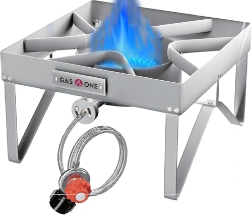 GasOne Stainless Steel Outdoor Propane Burner – High Pressure Camp Stove with Adjustable Regulator & Steel-Braided Hose by GASONE