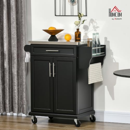 HOMCOM Kitchen Island on Wheels with Stainless Steel Countertop Black - Image 2