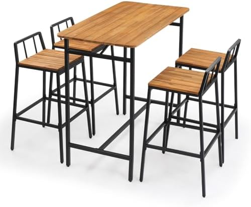 VINGLI 5 Pieces Outdoor Dining Set, Acacia Wood Outdoor Bar Table and Chairs Set for Porch Poolside Backyard Garden Balcony by VINGLI