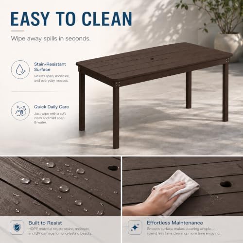 64" Rectangular Outdoor Dining Table, All-Weather HDPE Patio Table for 6-8 Person, Large Composite Wood Furniture with Umbrella Hole for Backyard Deck Garden Poolside, Coffee - Image 6