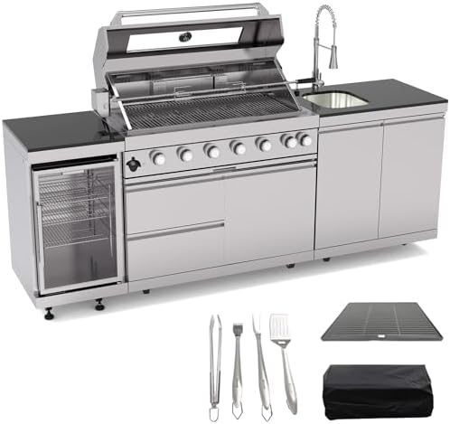 Outdoor Kitchen Island, 96 Inch 6 Burner Gas Grill Combination With Refrigerator and Sink, Outdoor Stainless Steel Barbecue Bar, Natural Gas Barbecue Grill 85000 BTU for Patios, Gardens, Parties by Qeeka